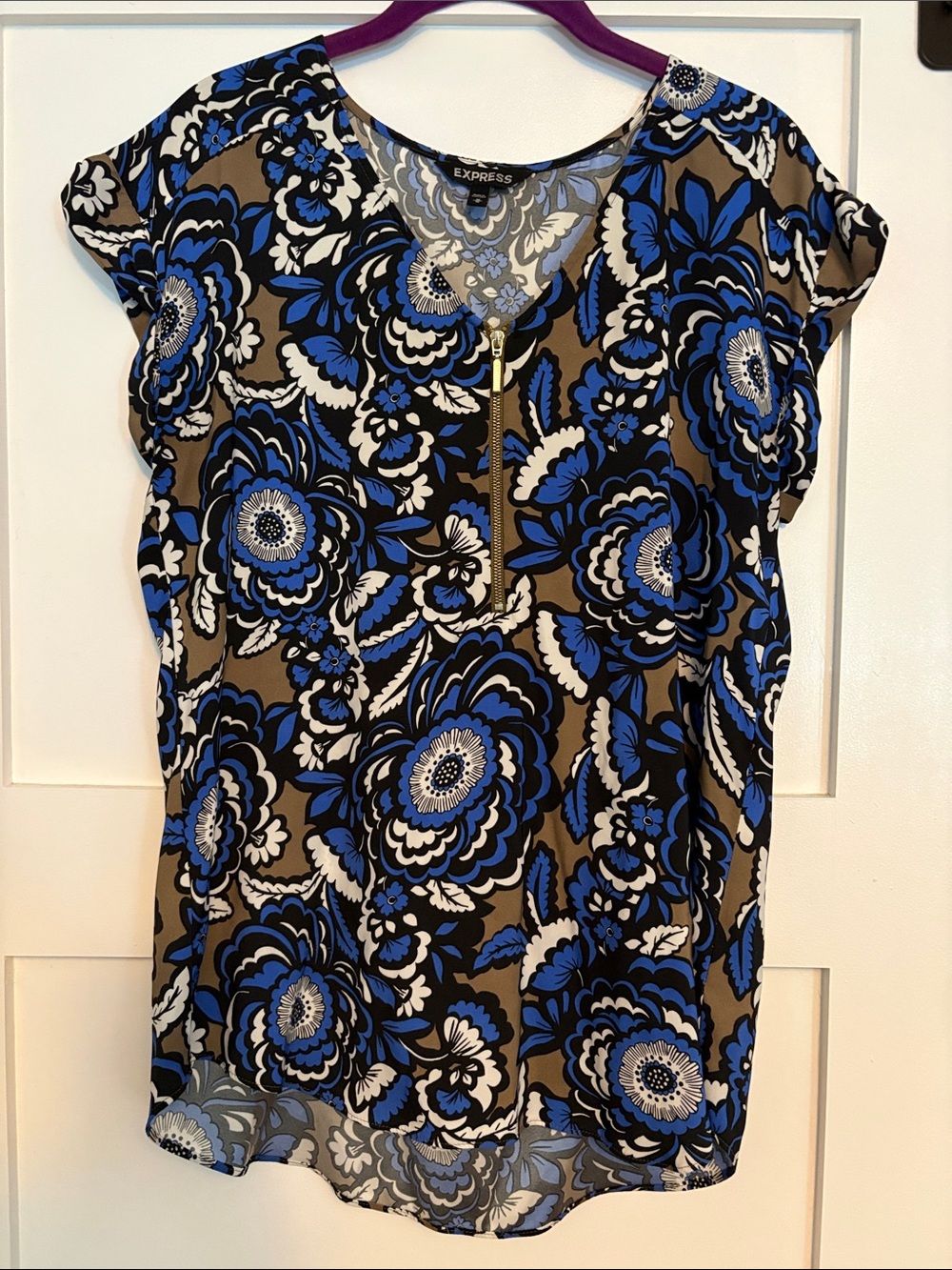 Express Blue and Tan Floral Zip-Front Blouse
